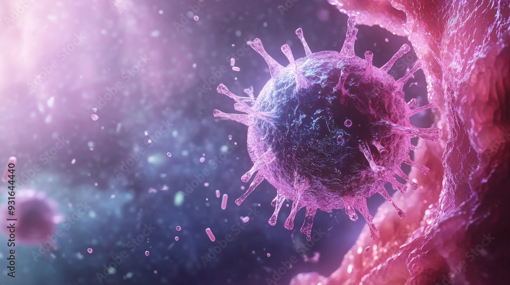 Poster the process of virus particle assembly is observed closely within a vibrant cellular environment, em