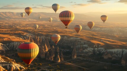 Obraz premium Colorful hot air balloons ascending over Cappadocia landscape, unique rock formations, early morning light, travel photography, vibrant colors against earthy tones.