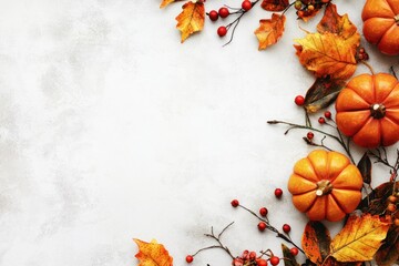 Autumnal Still Life with Pumpkins, Leaves, and Berries