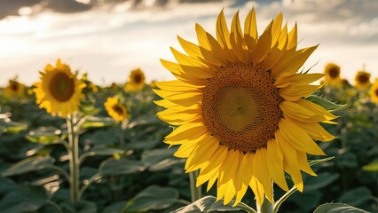 Obraz premium Golden Fields of Sunflowers.Description: A vibrant landscape of a vast sunflower field bathed in the warm glow of the setting sun. The sunflowers, with bright yellow petals and dark centers