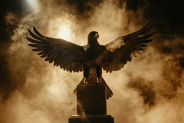 Fototapeta premium A powerful eagle statue with wings outstretched, standing on a marble pedestal, surrounded by dramatic smoke and lighting, symbolizing strength, freedom, and dominance. 