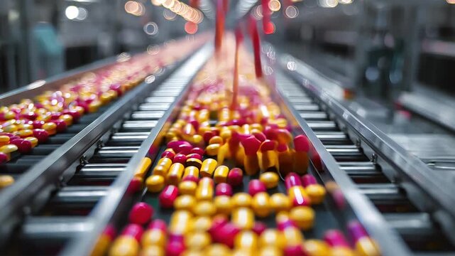 Automated Robotic Pharmaceutical production Line with red yellow tablets on conveyor