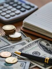 Fototapeta premium A stack of cash, coins, and an open notebook filled with calculations are spread across a wooden desk in a comfortable office setting. Generative AI
