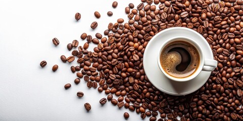 Naklejka premium A Cup of Coffee with Beans on a White Background, coffee , caffeine , beverage , aroma