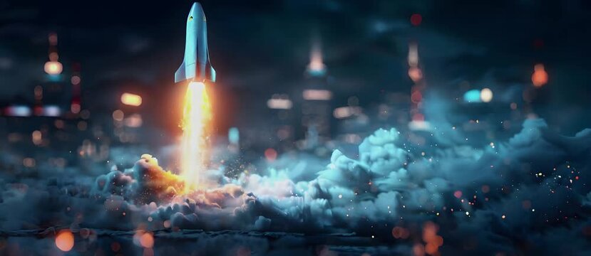Startup business concept with digital glowing blue rocket on dark background.