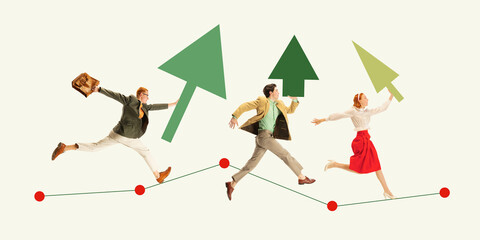 Deadlines. Employees running with mall arrows like Christmas trees on graph, symbolizing finishing projects before holidays and vacation. Contemporary art collage. Concept of business, time management