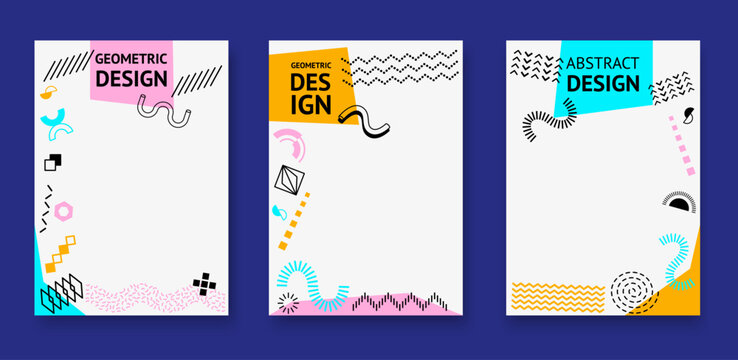 Abstract Memphis modern geometric posters with vibrant shapes. Vector backgrounds, vertical cards design with bold colors and playful patterns, dynamic visual compositions with retro-futuristic vibe