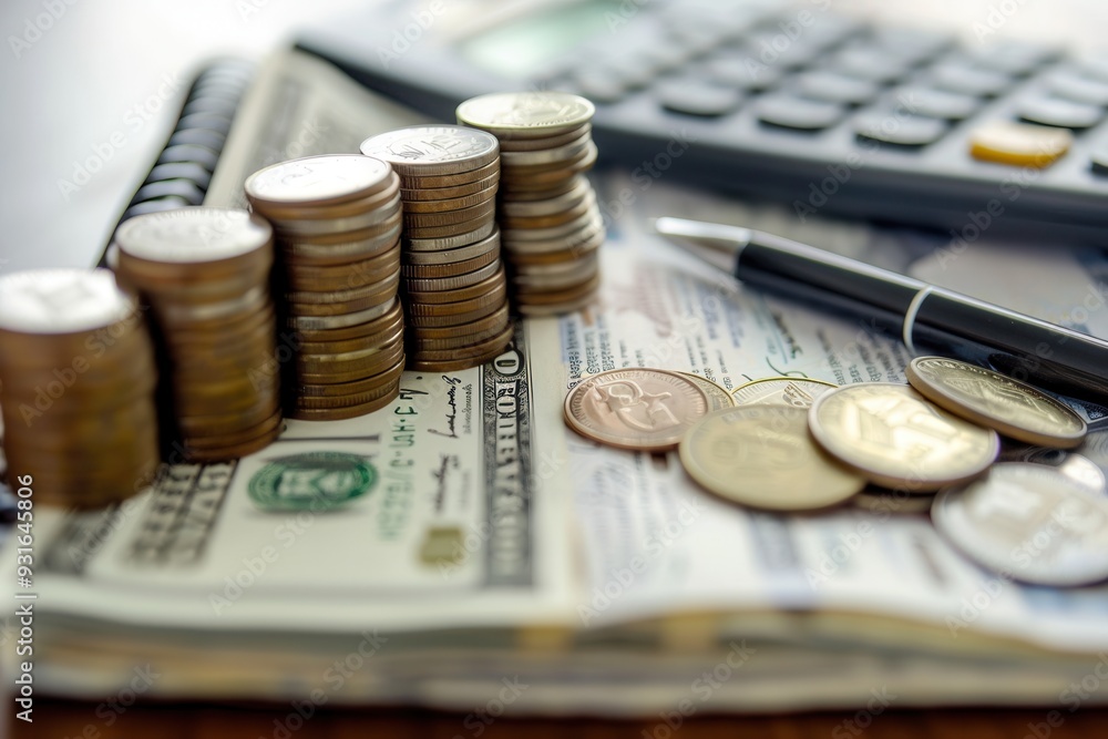 Poster a stack of cash and coins accompany an open notebook filled with financial notes and calculations be