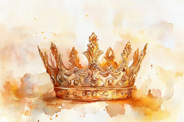 Detailed watercolor painting of an intricate golden crown, symbolizing royalty, luxury, and elegance on a textured background.
