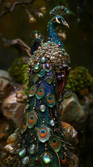 Obraz premium Art nouveau artistic image of peacock in a round shape,Luxurious peacock with an open tail,magnificent realistic peacock