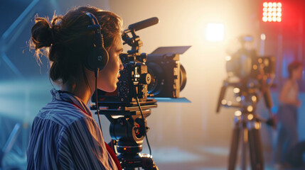 Behind the scene. Female cameraman shooting the film scene with camera in film studio.
