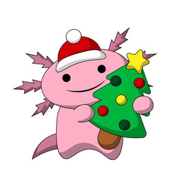 Cute cartoon Axolotl with Christmas tree in color