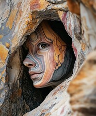 A close-up of a face integrated into a rocky formation, with vibrant, swirling colors blending into the textures of the stone, creating a surreal and artistic fusion of human and nature.