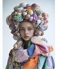  A fashion portrait featuring a young model wearing an elaborate headpiece made entirely of colorful seashells, combined with a vibrant, patterned outfit.