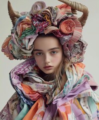 Close-up portrait of a young model wearing an elaborate headdress made of layered fabrics and horns. The image emphasizes avant-garde fashion, blending textures and intricate designs.