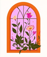 Flat illustration of blooming flowers seen through an arched window with an orange frame, set against a pink background with delicate stars and leaves.