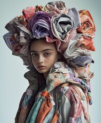 A fashion portrait of a young model wearing an elaborate headdress made of colorful fabric rolls, paired with a matching, layered outfit. The image emphasizes texture and artistic design..