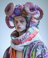 Eccentric portrait of a young person wearing an elaborate headpiece with large, curled horns adorned with colorful flowers and intricate fabrics, creating a unique and avant-garde look..