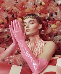 A woman with closed eyes wearing shiny pink gloves and a striped high-neck top, surrounded by a surreal background of plastic-wrapped candies in vibrant colors and patterns.