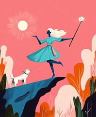 A stylized woman in a blue dress with flowing white hair stands on the edge of a cliff, holding a white flower, with a dog at her side, under a bright sun on a pink background.
