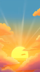 Fototapeta premium The glow of the sky at sunset. Anime style background with shining sun and white fluffy clouds. Sunny day sky scene cartoon vector illustration.