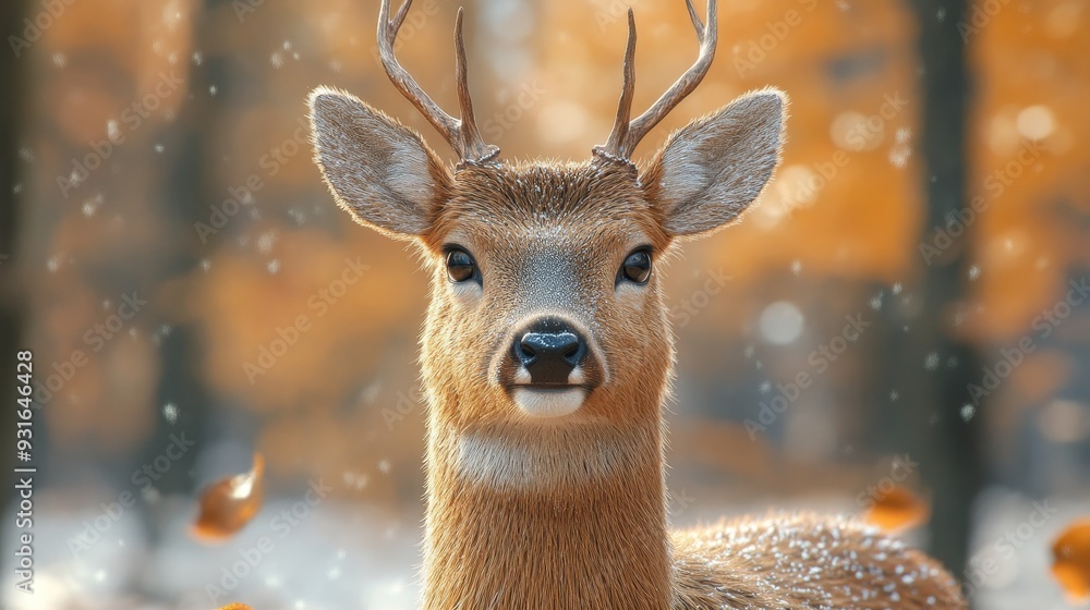 Wall mural A deer with antlers is standing in the snow