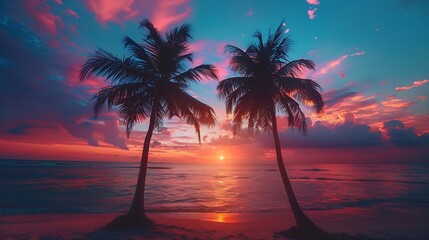 Best most exotic travel landscape Majestic sunset beach Coconut palm tree silhouettes fantastic...