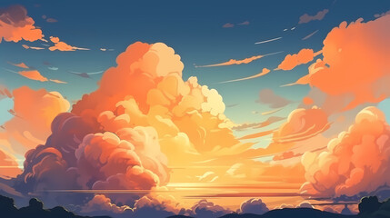 The glow of the sky at sunset. Anime style background with shining sun and white fluffy clouds. Sunny day sky scene cartoon vector illustration.