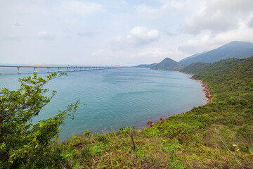 Panoramic View of a Coastal Bridge and Bay