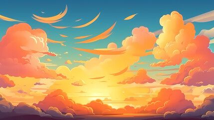 The glow of the sky at sunset. Anime style background with shining sun and white fluffy clouds. Sunny day sky scene cartoon vector illustration.