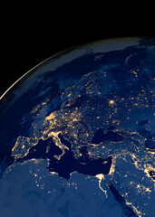 Earth photo at night, City Lights of Europe, Middle East, Turkey, Italy, Black Sea, Mediterrenian Sea from space, World map on dark globe on satellite photo. Elements of this image furnished by NASA.