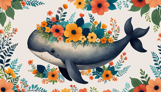 Illustration album enfant doux baleine bleu fleurs.