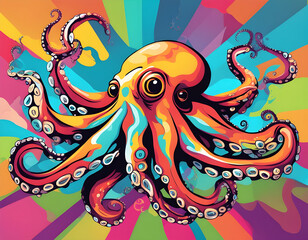 colorful Octopus head with cool isolated pop art style background