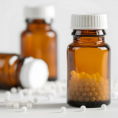 White round granules in glass brown jars, alternative medicine, homeopathy concept,  copy space for text