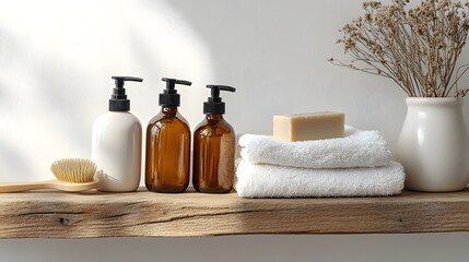 Minimalist bathroom essentials on wooden shelf, white wall background, amber glass pump bottles, white ceramic jar, natural wooden brush, beige soap bars, rolled white towel.