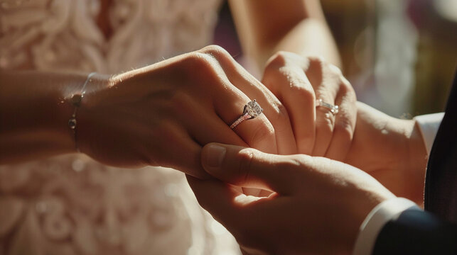 Close-up of the moment of acceptance, with the womanâs hand showing off the new ring