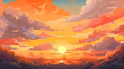 The glow of the sky at sunset. Anime style background with shining sun and white fluffy clouds. Sunny day sky scene cartoon vector illustration.