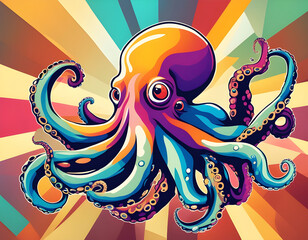 colorful Octopus head with cool isolated pop art style background