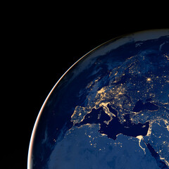 Earth photo at night, City Lights of Europe, Turkey, Italy, Black Sea, Mediterrenian Sea from space, World map on dark globe on satellite photo. Elements of this image furnished by NASA.