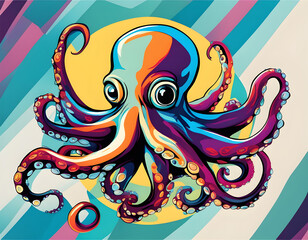 colorful Octopus head with cool isolated pop art style background