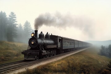 Fototapeta premium A classic engraving of a Victorian-era steam locomotive chugging along a scenic countryside. 