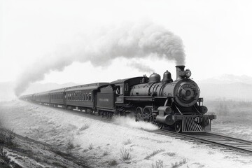 Fototapeta premium A classic engraving of a Victorian-era steam locomotive chugging along a scenic countryside. 