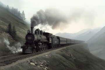 Fototapeta premium A classic engraving of a Victorian-era steam locomotive chugging along a scenic countryside. 