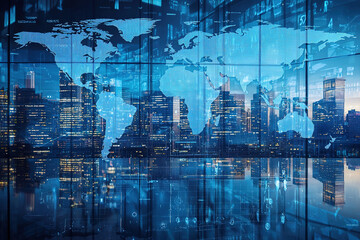 Obraz premium A double exposure of a global map superimposed on a corporate office environment, representing international business and the interconnectedness of global markets