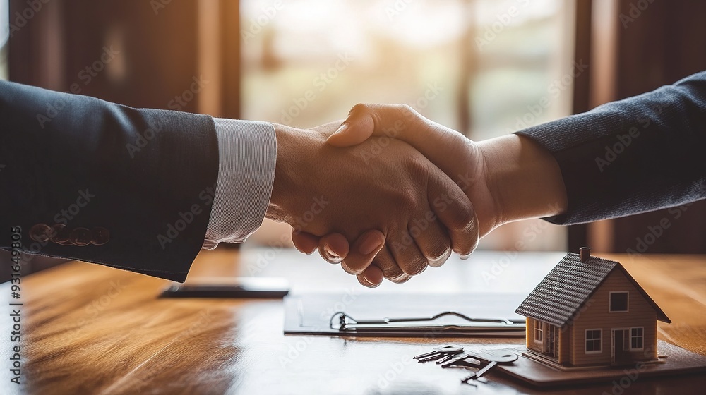 Wall mural legant close-up handshake between a professional real estate agent and a client with a house model, 