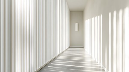 Modern interior design, vertical white wooden slats, bright and airy space, minimalist wall sconce, light grey walls, clean lines, contemporary aesthetic, soft ambient lighting.