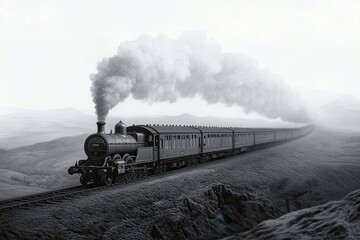 Obraz premium A classic engraving of a Victorian-era steam locomotive chugging along a scenic countryside. 