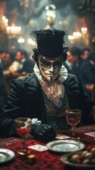 Man in a top hat and costume sitting at a table
