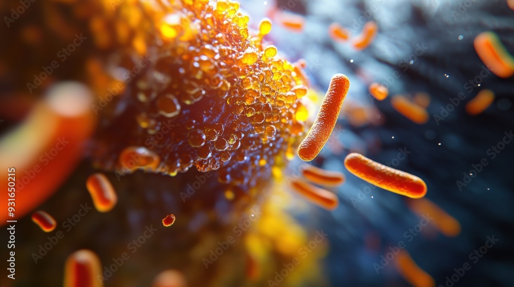 Poster bacterial biofilm forms on a surface, showcasing various colonies while microscopic observations rev