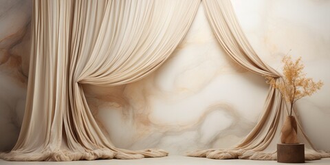 Elegant Draped Curtains and Marble Wall